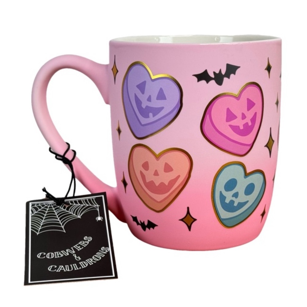 NEW Cobwebs & Cauldrons Halloween Pink Candy Heart Pumpkin Mug viral